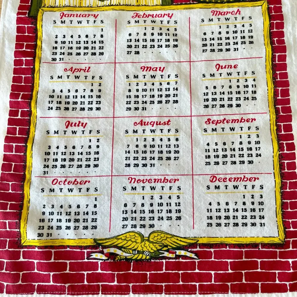 Vintage 1996 Linen Tea Towel Calendar with Rooster & Bowl of Fruit EUC